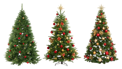 Three decorated Christmas trees with red and gold ornaments and stars isolated on a transparent background