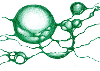 Sketch of abstract painting. Green lines and circles on white in neurographics