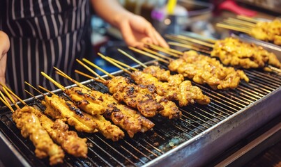 Succulent Chicken Satay Skewers Grilling on a Rustic Metal Grill in Vibrant Night Market