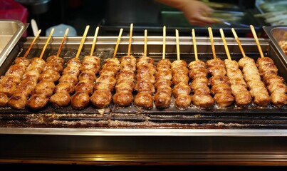 Sizzling Grilled Meatball Skewers on a Metal Griddle in a Vibrant Food Market
