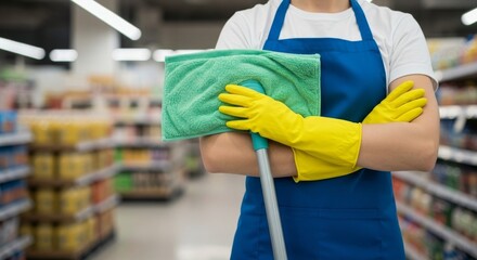 Janitor with cleaning supplies in a supermarket, wearing apron and yellow gloves, ready to clean.