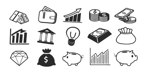 12 Finance Line Icons Silhouette Set on Transparent Background