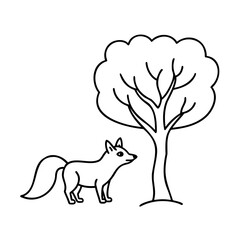 Outline a fox standing near a tree with a rounded crown on animal nature