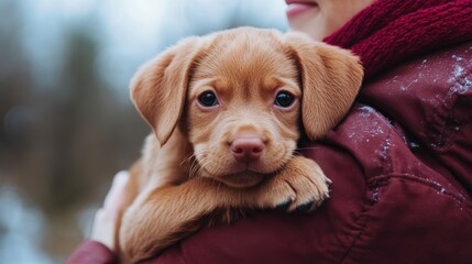 A small puppy rests on a person's shoulder.