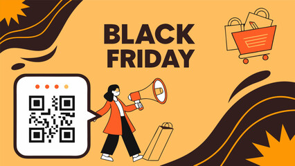 Obraz premium Black friday announcement featuring a person with a megaphone and a qr code symbolizing digital promotions and shopping deals for the holiday season