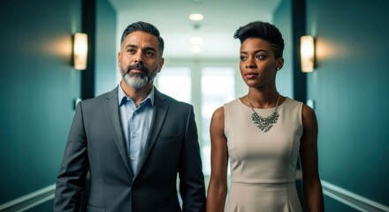 Man in suit and woman in dress walking down a hallway with lights on the wall in a business setting