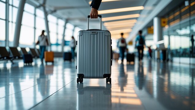 Traveler pulling suitcase in bright modern airport terminal