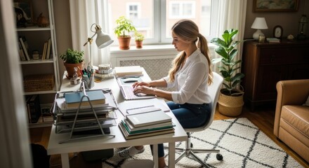 Woman working on laptop at desk with books and plants in bright home office near window and furniture