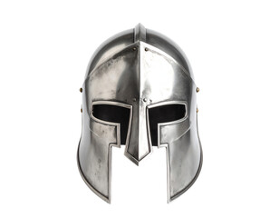 Front view of ancient iron spartan helmet isolated on white studio background. Medieval armor, archeological souvenir from past times, metal tough head protective clothes.