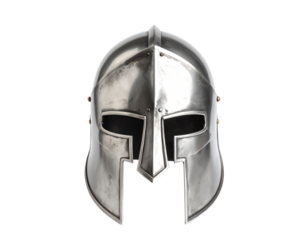 Front view of ancient iron spartan helmet isolated on white studio background. Medieval armor, archeological souvenir from past times, metal tough head protective clothes.
