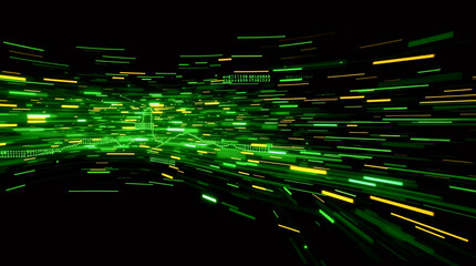 abstract green data stream lines flowing in digital matrix space