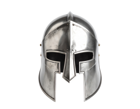 Front view of ancient iron spartan helmet isolated on white studio background. Medieval armor, archeological souvenir from past times, metal tough head protective clothes.