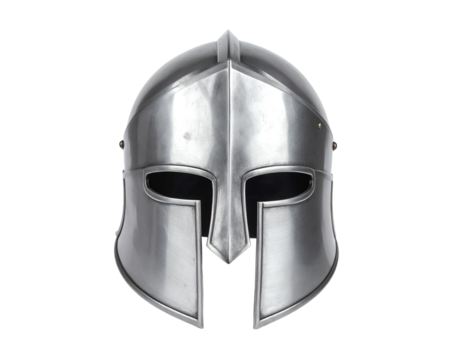 Front view of ancient iron spartan helmet isolated on white studio background. Medieval armor, archeological souvenir from past times, metal tough head protective clothes.