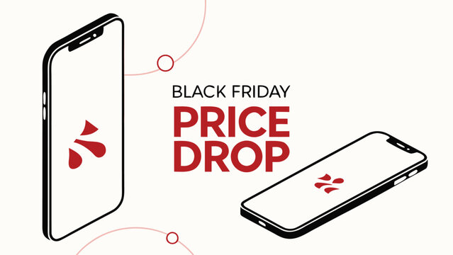 Black friday price drop on smartphones with a modern minimalist design featuring a red abstract logo on white background