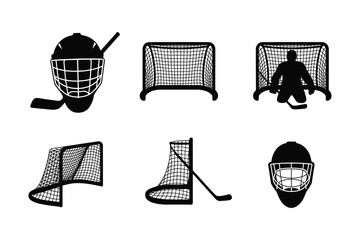 Hockey goalie mask net and stick silhouettes vector