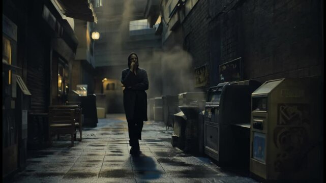 A single figure walks slowly down an empty alleyway lined with vending machines. Steam rises from a nearby drain. Handheld camera, soft lighting.