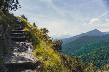 A breathtaking panoramic view from the Herzogstand summit in the Bavarian Alps, overlooking the...