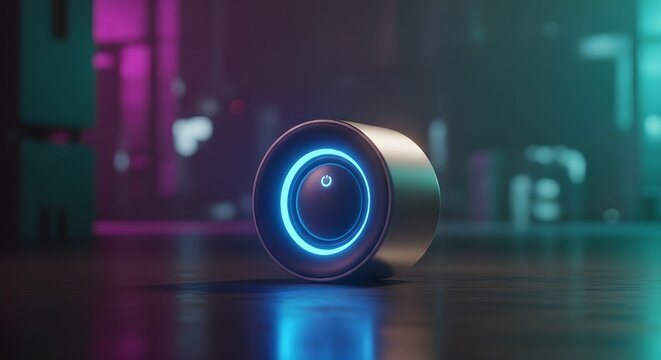 Futuristic metallic dial with glowing blue power button symbol on a dark reflective surface with neon lights