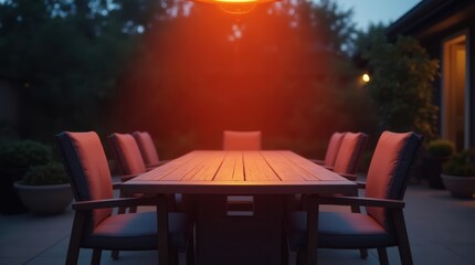 Closeup of infrared heater emitting warmth over patio table