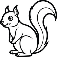 Cute squirrel cartoon coloring page for kids. Black and white line art vector illustration of a forest animal. Isolated outline drawing for a children's coloring book or activity sheet.