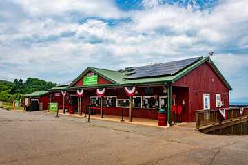 Charming wooden structure amidst rows of vibrant grapevines under a bright sky in Charlottesville, VA. Epitomizes the beauty of Virginia's wine country and its architecture
