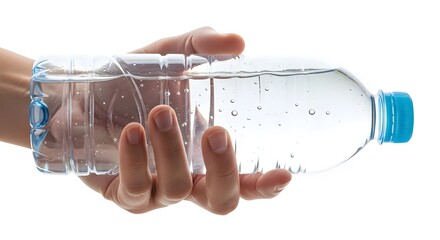 Close up of a hand holding a clear plastic bottle filled with fresh water and small bubbles