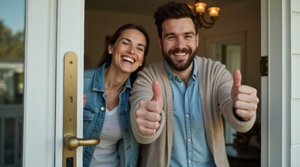 Happy couple unlocking and opening front door of their first home