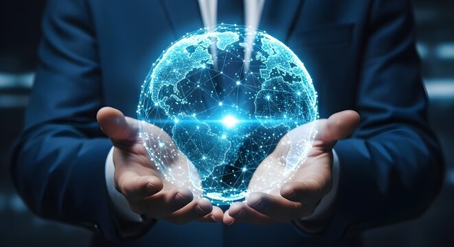 Businessman holding a glowing digital globe representing global connections and technology in his hands