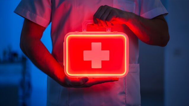 Doctor holding a glowing red first aid kit with a white cross symbol illuminated by neon light - Powered by Adobe