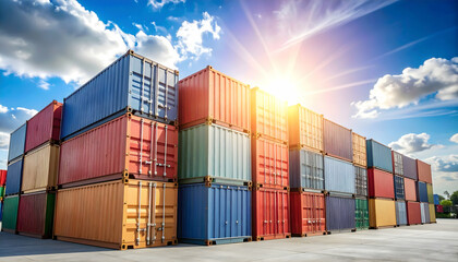 Fototapeta premium Vibrant Multicolored Shipping Containers Stacked High in a Large Industrial Port Yard Under Bright Blue Sky