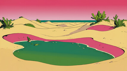 Vibrant Desert Oasis with Pink Sand Dunes