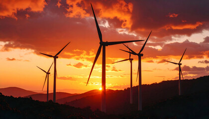 Obraz premium Wind Turbines Silhouetted Against Vibrant Orange Sky at Sunset Over Hills