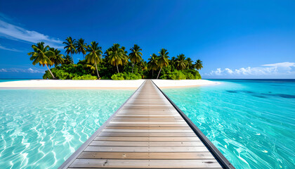 Fototapeta premium Wooden Pier Leading to Idyllic Tropical Island with White Sand Beach and Clear Turquoise Ocean Under Blue Sky
