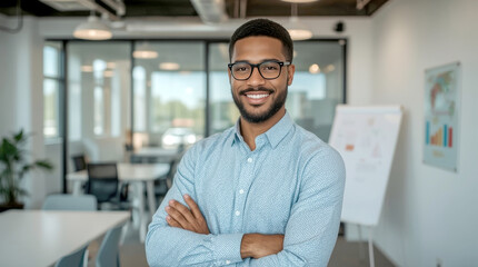 Smiling confident african american young businessman portrait, smiling African American man with a beard and glasses is standing with his arms crossed, wearing a light blue patterned shirt.