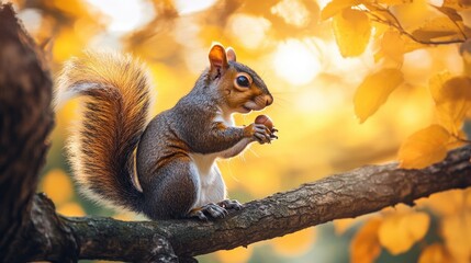 Fototapeta premium Grey squirrel eating a nut in autumn foliage.