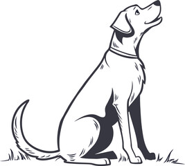 Stylized illustration of a happy dog sitting attentively in grass looking upwards