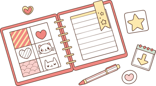 Cute kawaii style open notebook with planner pages featuring adorable cats hearts stars and a pen for journaling and organization