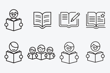  Simple Line Art: Books and People Reading (Education Concepts)