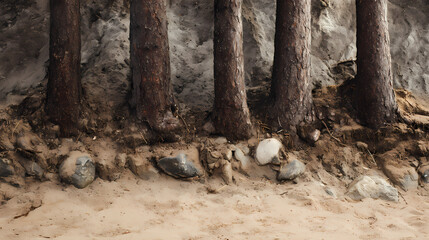 Thick tree trunks emerging from sandy soil with exposed rocks at base