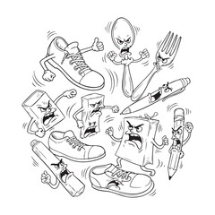 Angry Everyday Objects Battle Doodle Illustration