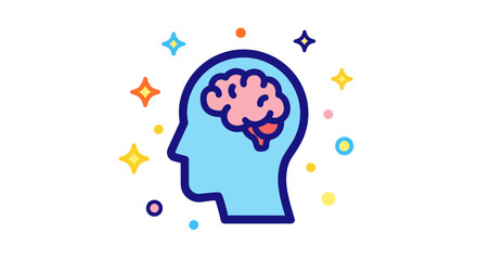 A stylized illustration of a human head with a brain, surrounded by colorful sparkles.