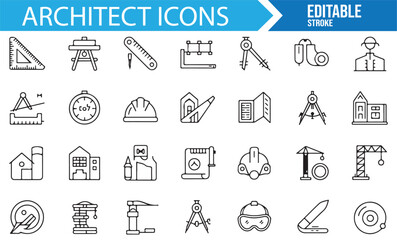 Various architect icons representing design and construction tools.