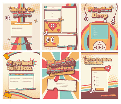 Instagram post templates designed with a retro aesthetic, incorporating elements like vintage typography, grain textures, old-school tech