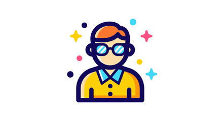 A cheerful cartoon man with glasses, surrounded by colorful sparkles.