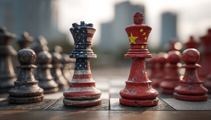Fototapeta premium Symbolic Chess Game of USA vs China with Kings Highlighting Economic Rivalry, Urban Scene in Background