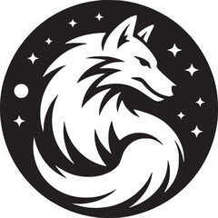 Wolf logo design black and white vector illustration with stars and moon for brand identity and graphics