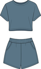 Casual Women's Crop Top and Shorts Set Flat Sketch: Trendy Loungewear Apparel for Summer Comfort, Everyday Wear, and Relaxed Leisure Outfits.