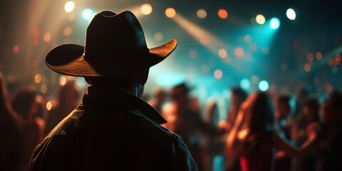 Cowboy Watching Dancers at a Texas Country Club with Backlighting and Western Atmosphere
