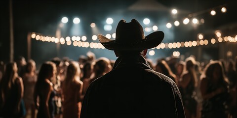 Cowboy Watching Dancers at a Texas Country Club with Backlighting and Western Atmosphere
