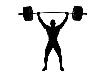 Silhouette of a muscular man lifting a heavy barbell overhead isolated on white background